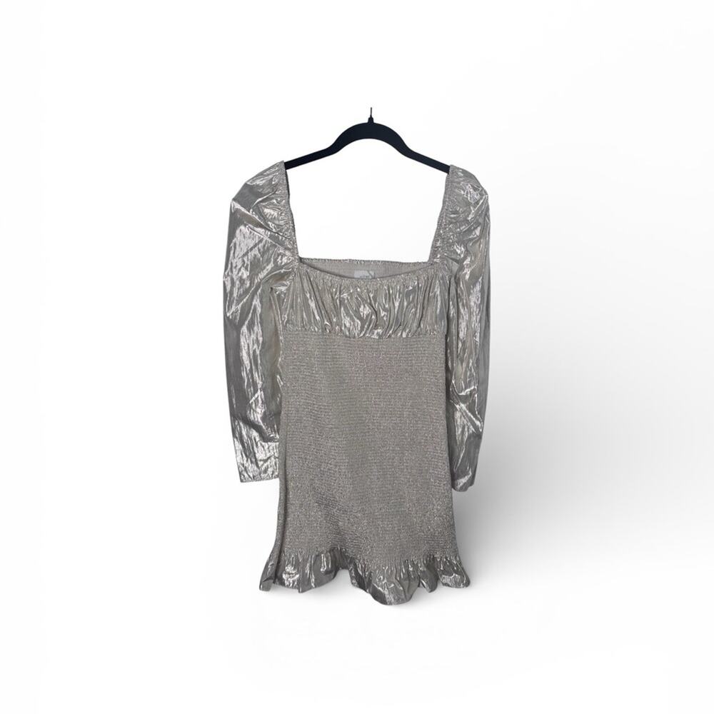 Wilfred Aritizia Silver Metallic Ballad Puff Sleeve Mini Dress Small